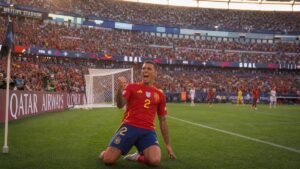 Pedro Porro celebrating a goal for Spain at the World Cup
