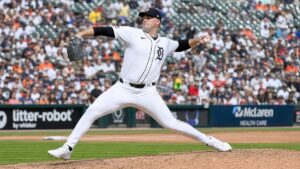 Tarik Skubal pitching for the Detroit Tigers at Comerica Park