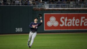 Trevor Larnach playing outfield for the Minnesota Twins