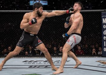 MMA fighters exchanging strikes inside the UFC octagon ahead of UFC 329