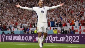Jude Bellingham celebrates a goal for England at the 2026 World Cup