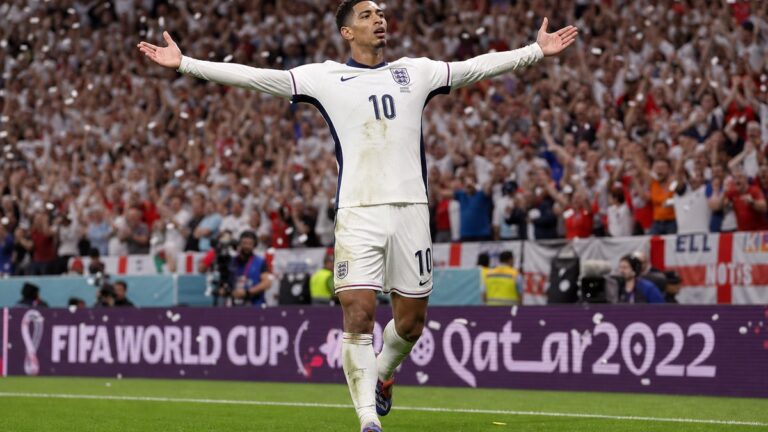 Jude Bellingham celebrates a goal for England at the 2026 World Cup