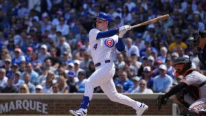 Pete Crow-Armstrong batting for the Chicago Cubs at Wrigley Field