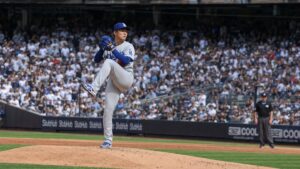 Yoshinobu Yamamoto pitching for the Los Angeles Dodgers against the New York Yankees