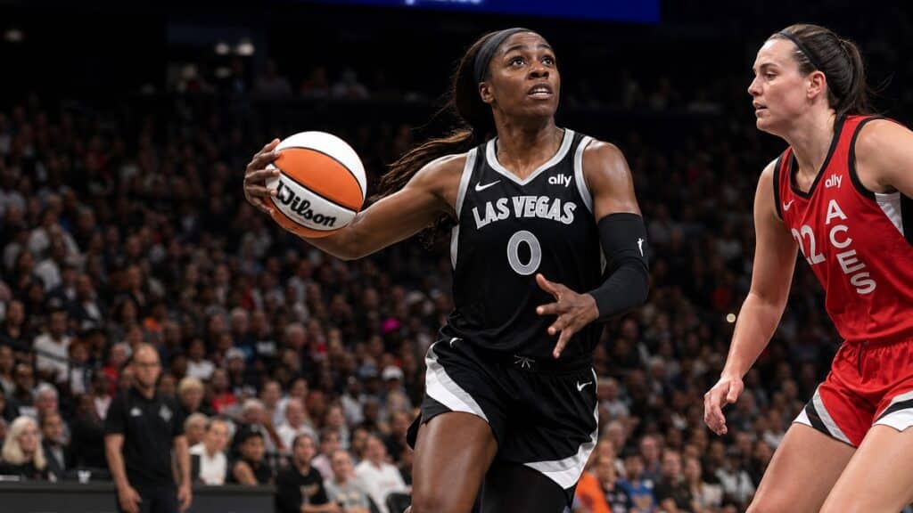 Jackie Young driving to the basket for the Las Vegas Aces
