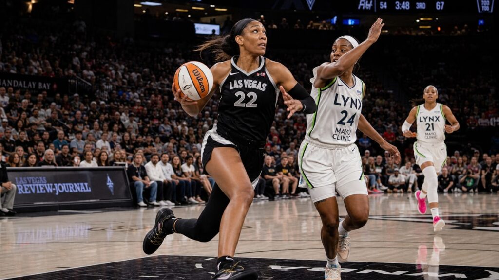 A'ja Wilson driving to the basket for the Las Vegas Aces against the Chicago Sky