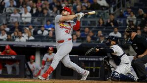 Alec Burleson batting for the St. Louis Cardinals against the New York Yankees