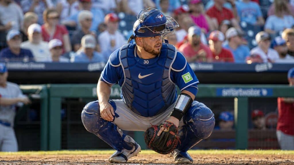 Alejandro Kirk catching for the Toronto Blue Jays at Citizens Bank Park