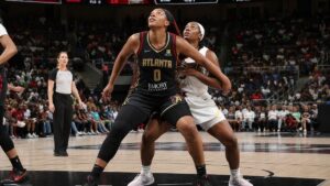Naz Hillmon of the Atlanta Dream battling for position against the Los Angeles Sparks