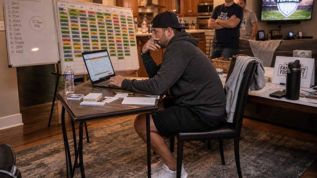Fantasy football manager reviewing auction draft budget tiers and player values before a live draft