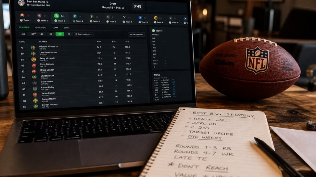 Fantasy football best ball draft board on a laptop with strategy notes and a football on the table