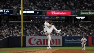 Carlos Rodon pitching for the New York Yankees at Yankee Stadium