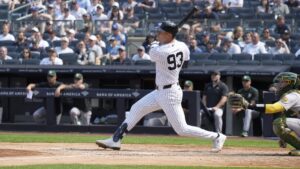 Ben Rice batting for the New York Yankees at Yankee Stadium