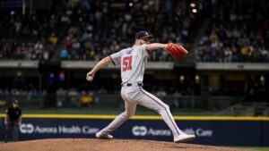 Chris Sale pitching for the Atlanta Braves against the Milwaukee Brewers