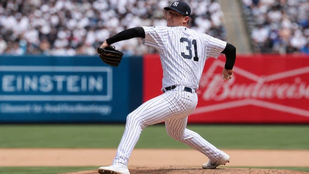 Cam Schlittler pitching for the New York Yankees against the Atlanta Braves