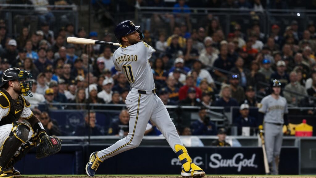 Jackson Chourio batting for the Milwaukee Brewers against the San Diego Padres