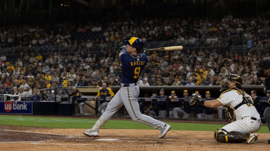 Jake Bauers batting for the Milwaukee Brewers against the San Diego Padres