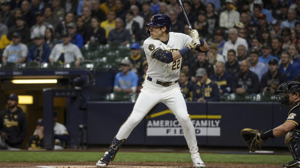Christian Yelich batting for the Milwaukee Brewers during their 22-0 win over the Seattle Mariners