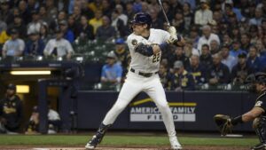 Christian Yelich batting for the Milwaukee Brewers during their 22-0 win over the Seattle Mariners