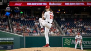 Cade Cavalli pitching for the Washington Nationals against the Chicago Cubs
