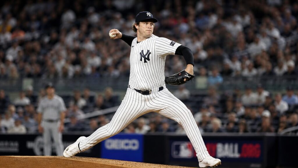 Cam Schlittler pitching for the New York Yankees against the St. Louis Cardinals