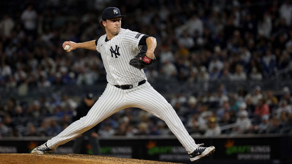 Cam Schlittler pitching for the New York Yankees against the Boston Red Sox