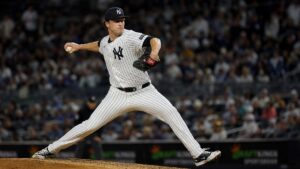 Cam Schlittler pitching for the New York Yankees against the Boston Red Sox
