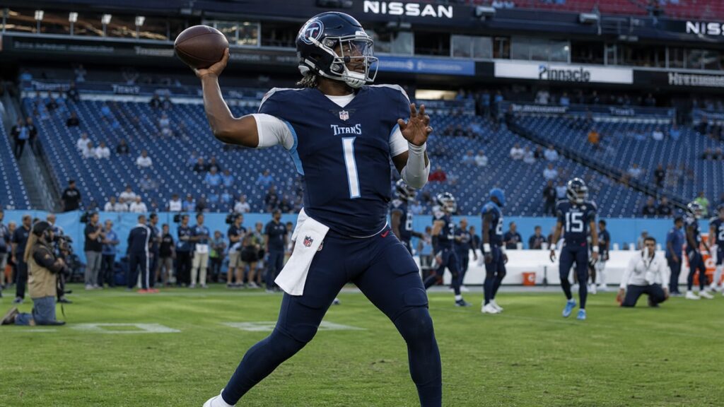 Cam Ward throwing a pass for the Tennessee Titans ahead of the preseason game against the Seattle Seahawks