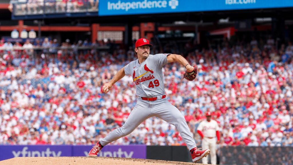 Kyle Leahy pitching for the St. Louis Cardinals against the Philadelphia Phillies