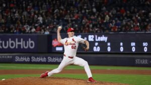 Kyle Leahy pitching for the St. Louis Cardinals against the New York Yankees