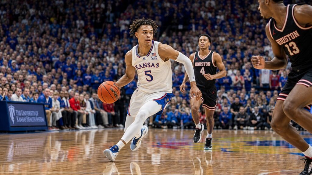 College basketball point guard driving to the basket during a live game
