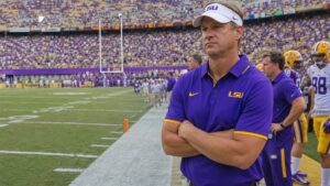 LSU head coach Lane Kiffin on the sideline at Tiger Stadium