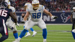 Jake Slaughter blocking for the Los Angeles Chargers during the preseason opener against the Houston Texans