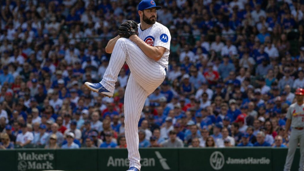 Clay Holmes pitching for the Chicago Cubs at Wrigley Field