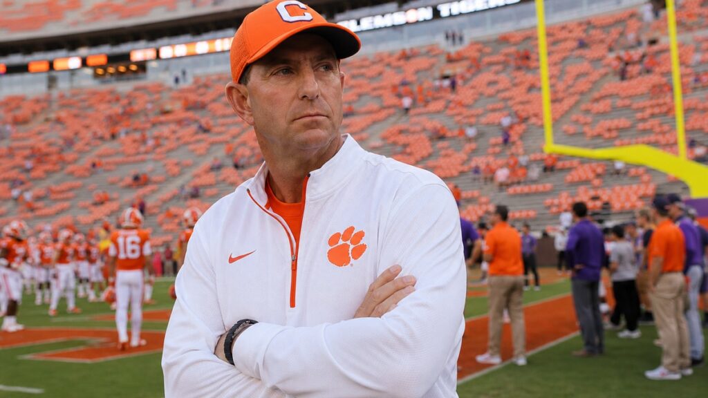 Dabo Swinney on the Clemson sideline at Memorial Stadium before a game