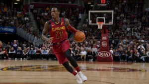 Dennis Schroder driving to the basket for the Cleveland Cavaliers before his trade to the Charlotte Hornets