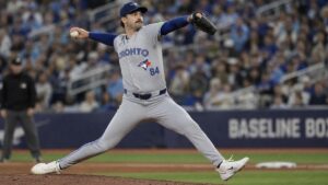 Dylan Cease pitching for the Toronto Blue Jays