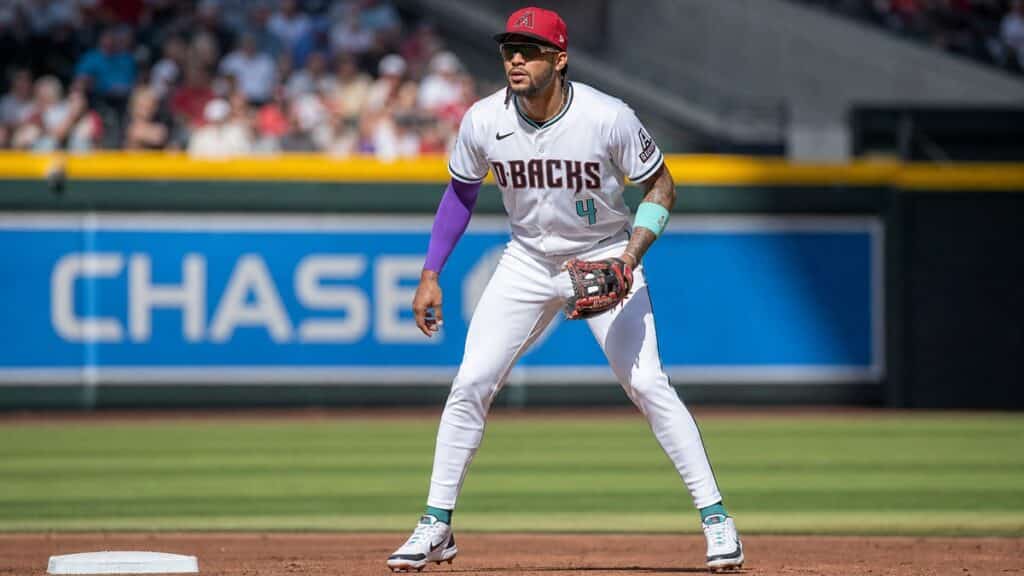 Ketel Marte fielding at second base for the Arizona Diamondbacks at Chase Field