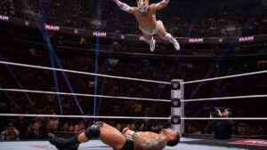 Dragon Lee performing a high-flying move during a WWE Raw match