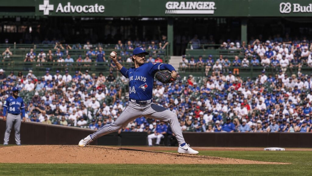 Dylan Cease pitching for the Toronto Blue Jays against the Chicago Cubs