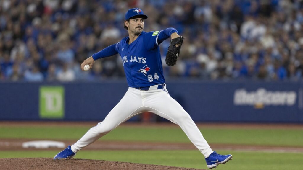 Dylan Cease pitching for the Toronto Blue Jays