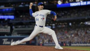 Dylan Cease pitching for the Toronto Blue Jays against the Boston Red Sox