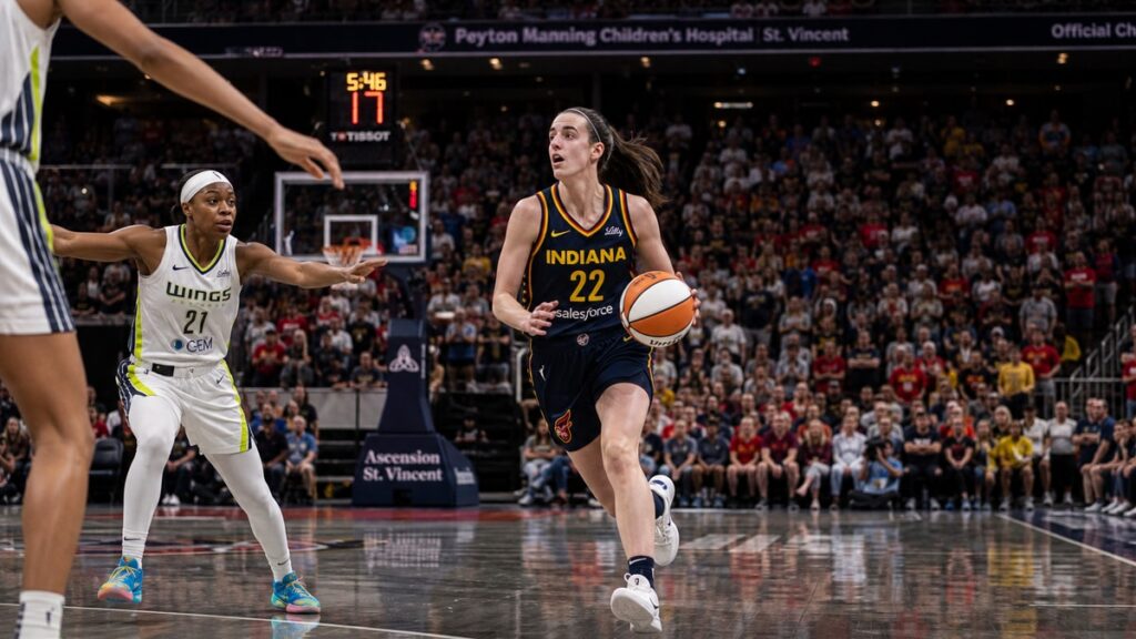 Caitlin Clark driving to the basket for the Indiana Fever