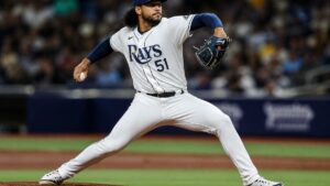 Freddy Peralta pitching for the Tampa Bay Rays