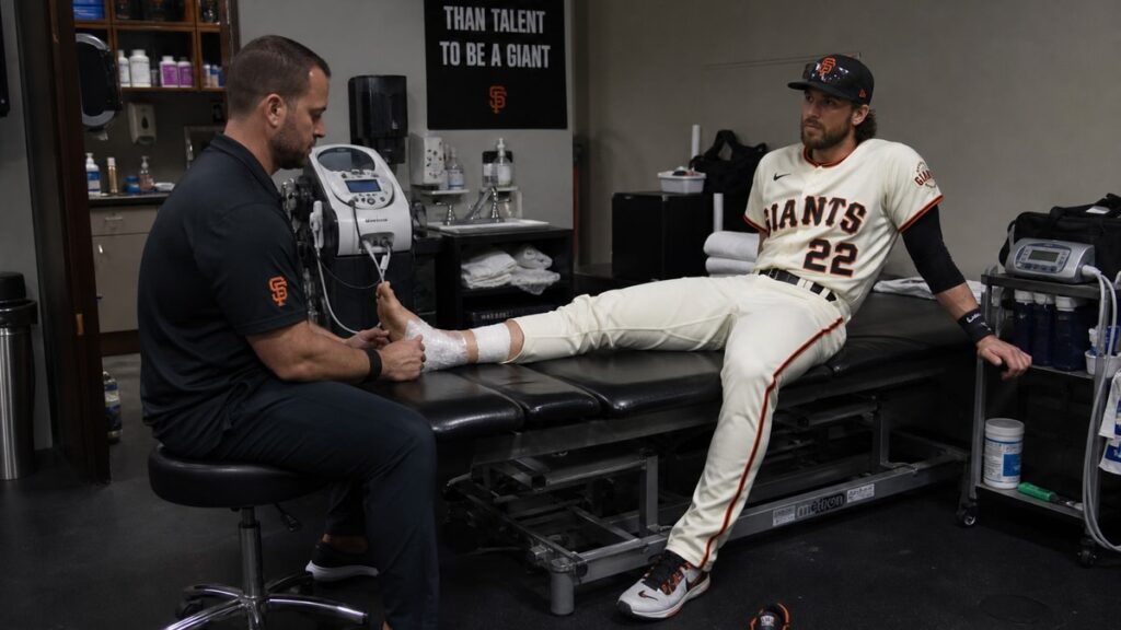 San Francisco Giants outfielder with injured left foot receiving treatment in team facility