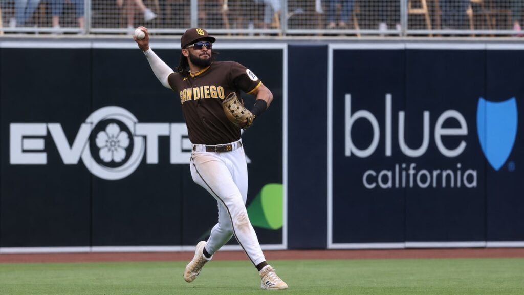 Fernando Tatis Jr. fielding in right field for the San Diego Padres at Petco Park
