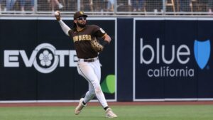 Fernando Tatis Jr. fielding in right field for the San Diego Padres at Petco Park