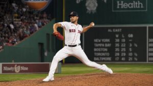 Patrick Sandoval pitching for the Boston Red Sox at Fenway Park
