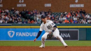 Gleyber Torres fielding at second base for the Detroit Tigers at Comerica Park