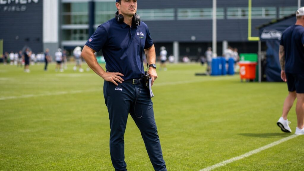 Seattle Seahawks head coach Mike Macdonald on the sideline during training camp